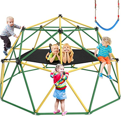 Climbing Dome with Hammock Swing Seat 10ft Outdoor Jungle Gym Kids Playset - color: Yellow + Green