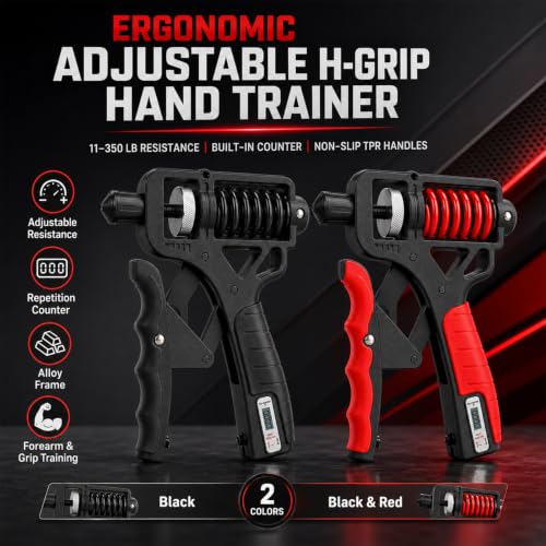 Ergonomic Adjustable H-Grip Hand Trainer with Counter | 11–350lb Hand Gripper with Alloy Frame, Titanium-Plated Spring and TPR Non-Slip Handles for Finger, Wrist & Forearm Training - color: Black