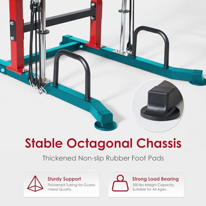 SogesPower Power Tower Multi-Function Pull Up Bar Station for Home Gym | 10-Level Height& 5-Level Armrest Adjustable,2-IN-1 Assisted Pad,Pull Up Dip Station Strength Training Workout Equipment - color: Red