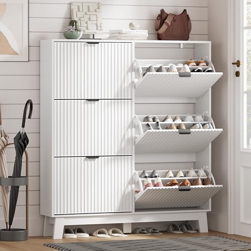 HUANLEGO Shoe Cabinet Storage for Entryway with 6 Flip Drawers, Fluted Narrow Shoe Organizer with Wooden Legs, Freestanding Slim Shoe Storage Hidden Shoe Rack Organizer for Front Door Entrance, White - color: White, size: 6 Drawer