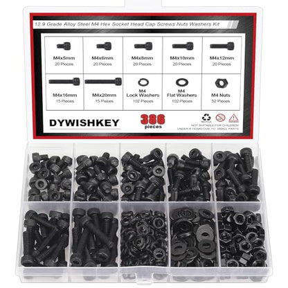 DYWISHKEY 386 Pieces M4 Black Screws, 12.9 Grade Alloy Steel M4x 5/6 /8/10 /12/16 /20mm Hex Socket Head Cap Screws Bolts Nuts Washers Assortment Kit - size: M4, style: Socket Head