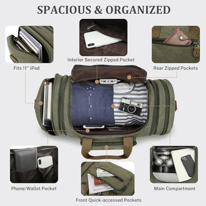 Gonex Canvas Duffle Bag for Travel 60L Duffel Overnight Weekender Bag (Army Green) - color: Army Green, size: X-Large-60L (Without Shoe Compartment)