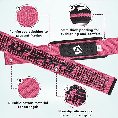 AQF Weight Lifting Straps, Padded Cotton Gym Wrist Straps for Deadlifts | 23" Extra-Long, Heavy-Duty Webbing, 5mm Neoprene Cushioning, Open-Loop Design, Sold as Pair, Ideal for Rows & Pull Workout - color: Pink Gel Grip