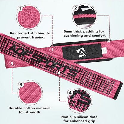 AQF Weight Lifting Straps, Padded Cotton Gym Wrist Straps for Deadlifts | 23" Extra-Long, Heavy-Duty Webbing, 5mm Neoprene Cushioning, Open-Loop Design, Sold as Pair, Ideal for Rows & Pull Workout - color: Pink Gel Grip