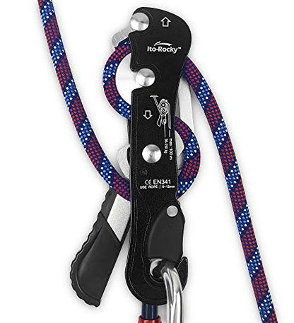 Self-Braking Stop Descender - CE Certified Rescue & Climbing Gear | Auto-Braking with Anti-Panic Function for Rescue, Cave Rappelling, Aerial Work, and Emergency Escape, Fits 9-12mm ropes - color: Black Descender