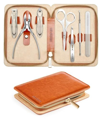 MR.GREEN Upgraded Manicure Set, German Stainless Anti Splash Nail Clippers Set with Cather, Quality Fingernail& Toenail Clipper, Professional Nail Care Kit with Exquisite Leather Case for Men & Women - color: Orange