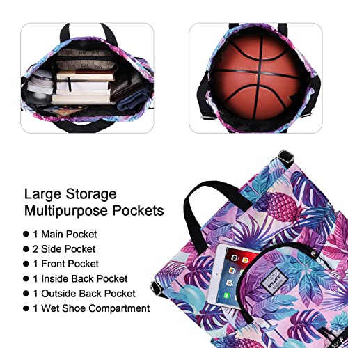 Dry Wet Drawstring Backpack with Shoe Compartment for Women Adjustable Gym Bag - color: Pineapple Colorful