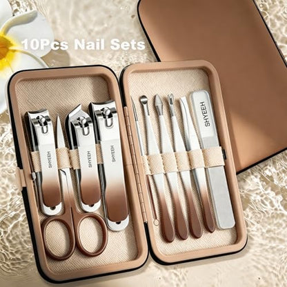 Manicure Set, 10 pcs High-Carbon Steel Nail Clippers Set, Portable Mini Manicure and Pedicure Kit, Travel Grooming Nail Kit with Leather Bag for Men and Women - color: Brown