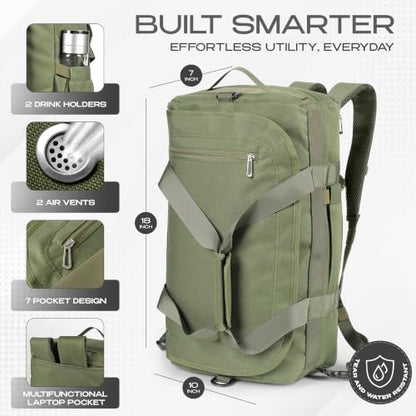 3-in-1 Duffle Bag Backpack with Shoe & Laptop Pocket, Cup Holder, Ventilated Gym & Travel Bag (Dark Green) - color: Dark Green