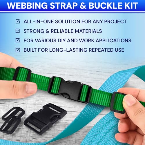 TECEUM 3/4" Nylon Strap Kit with Buckles, Green 6 yards Repair Set | Heavy duty hardware kit: 6yd webbing, 6 quick release buckles, 12 tri-glide slide clips, 6 metal D-rings for crafting. - color: Green, size: 3/4" - 6 yards, style: 6 Buckle - 12 Slides -