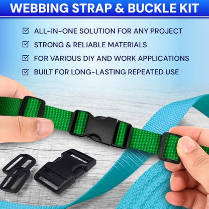 TECEUM 3/4" Nylon Strap Kit with Buckles, Green 6 yards Repair Set | Heavy duty hardware kit: 6yd webbing, 6 quick release buckles, 12 tri-glide slide clips, 6 metal D-rings for crafting. - color: Green, size: 3/4" - 6 yards, style: 6 Buckle - 12 Slides -