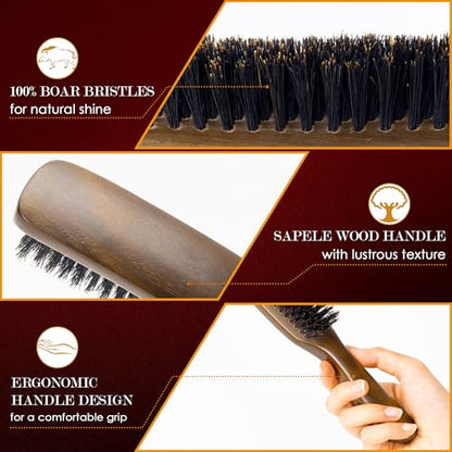 STYLEMATE Black Walnut Boar Bristle Hair Brush for Women Men, Natural Soft Bristle Hair Brush Slick Back Smoothing Hairbrush for Thin & Fine Hair - size: 1 Count (Walnut)