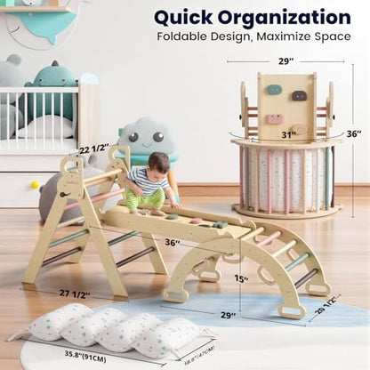 BlueWood Pikler Triangle Set, Foldable Wooden Toddler Climbing Toys Indoor Playground Jungle Gym Montessori Philosophy Climber for 2-6 Years Old, Baby, Kids (Mauve Pink, with Cushion) - color: Mauve Pink