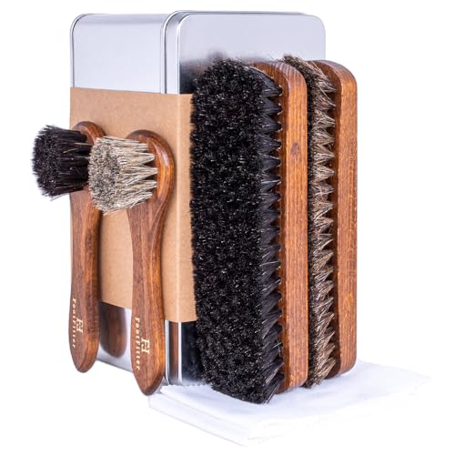 FootFitter Premium Shoe Care Brush Set, Horsehair Shine Brushes & Tools | Professional Genuine Horsehair Brushes & Accessories in Metal Storage Tin to Shine & Restore Shoes (Made in Germany) - color: Essential Kit