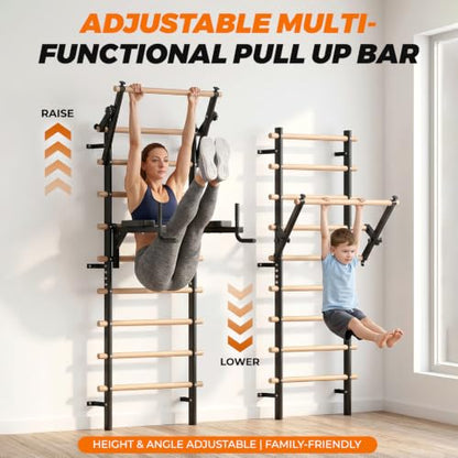 LIFERUN Swedish Ladder Wall Gym with Adjustable Pull-Up & Dip Bar | 92" Solid Beechwood, 264Lbs Capacity, Wall Mounted 9 Anchor Rods, Ideal for Home, School, Therapy & Gymnastics Training