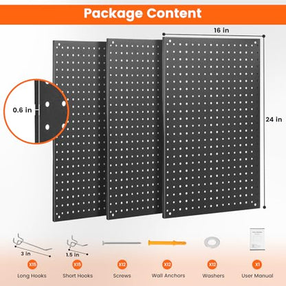ENJOYWOOD Pegboard, 3 PCS 24"×16" Metal Peg Board Panels Black Modular Wall Organizer Kit with 30 Hooks, Dual-Size Hole Design for Home Tool Storage, Garage Organization, Kitchen, Office, Craft Room - size: 3 PCS