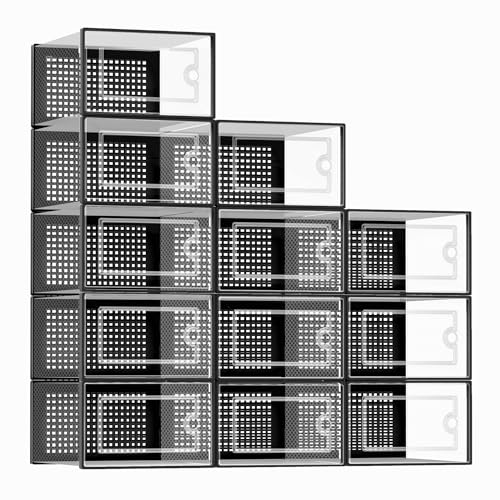 Kuject X-Large Shoe Storage Boxes 12 Pack, Clear Stackable Shoe Organizer | Shoe Case for Closet, Entryway & Under-Bed Storage, Drop-Front Design, Space-Saving Solution for Family Organization,Black - color: Black, size: X-Large