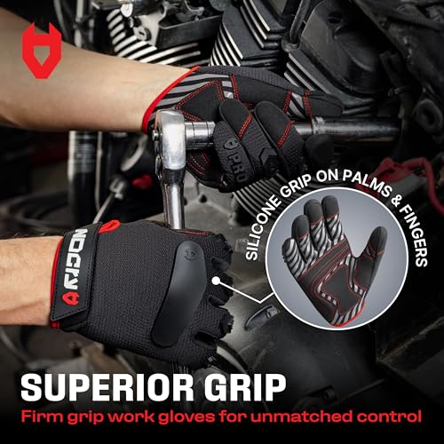 NoCry Heavy Duty Work Gloves for Men with Reinforced Palm and Non-Slip Grip | Reinforced Thumb Crotch, Double Stitched, Soft PVC Knuckle Protection, Flexible Fit, Padded Palms, Mechanic Safety Gloves - size: Large, style: Pro