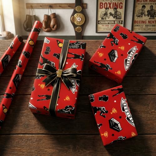 Liobelon Boxing Wrapping Paper Roll, Sports Gift Wrap with Boxing Gloves, Punching Bag, Champion Belt & Boxer Design – for Birthday, Father’s Day, Fight Fan Presents, 17 Inch X 16.4 Feet - color: Boxing