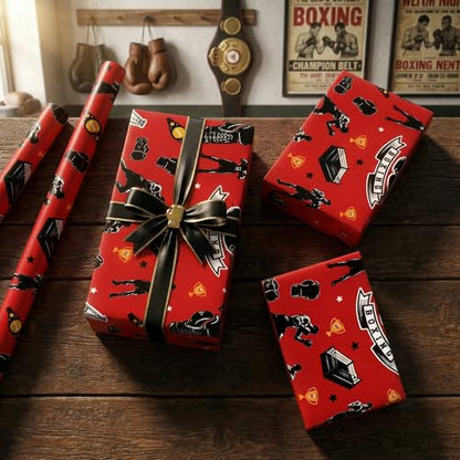 Liobelon Boxing Wrapping Paper Roll, Sports Gift Wrap with Boxing Gloves, Punching Bag, Champion Belt & Boxer Design – for Birthday, Father’s Day, Fight Fan Presents, 17 Inch X 16.4 Feet - color: Boxing