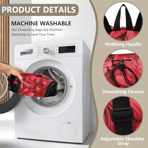 Drawstring Gym Bags Climbing Gym Bag With Inside Pockets Cinch Sacks Wet and Dry Separation Daisy Flower Red