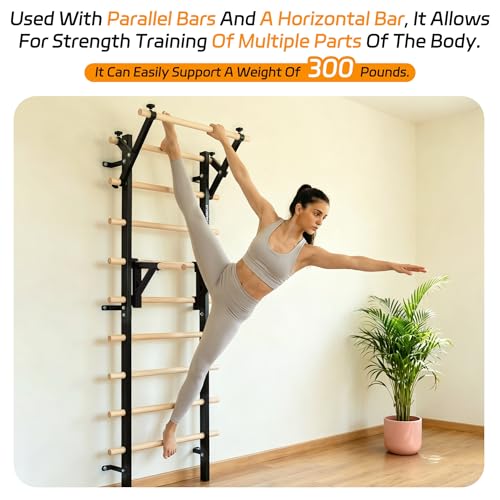 Wood Swedish Ladder Stall Bars with Adjustable Double Support Arms, Wooden Gymnastics Wall Climbing Bars for Home Gym, Exercise Rehabilitation, Hanging Pull Up & Core Balance Training Station