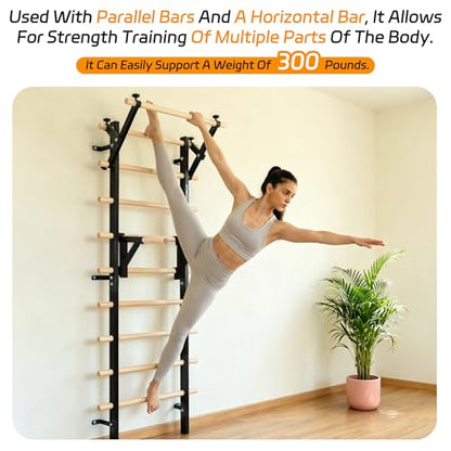 Wood Swedish Ladder Stall Bars with Adjustable Double Support Arms, Wooden Gymnastics Wall Climbing Bars for Home Gym, Exercise Rehabilitation, Hanging Pull Up & Core Balance Training Station