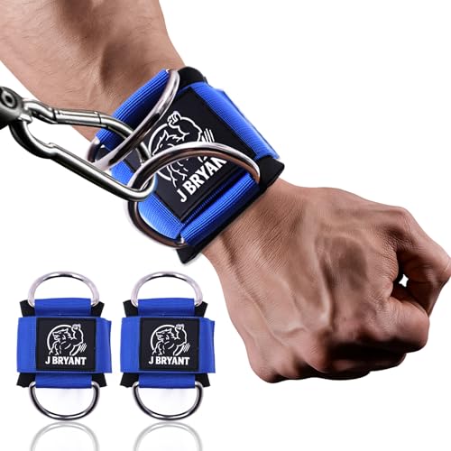 J Bryant Wrist Cuffs for Cable Machine Lateral Raise – Heavy Duty Double D-Ring Straps with Padded Neoprene – Comfortable Adjustable Wrist Support for Gym Pulley System – 2 Sizes for Men & Women - color: Blue, size: Medium