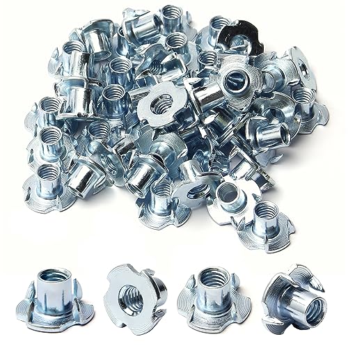 5/16"-18 T-Nut (50 Packs), Zinc Plated Carbon Steel T-Nut | 7/16" Barrel Length, 4 Pronged Tee Blind Nuts, Threaded Inserts for Wood, Rock Climbing Holds, Cabinetry, Furniture - size: 5/16"-18