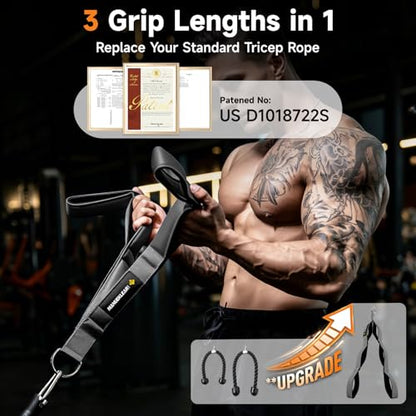 MANUEKLEAR 3 Grip Lengths in 1 Tricep Rope Cable Attachment with Ergonomic Handles, Greater ROM for Tricep Push Down Attachment Professional Gym Rope for Overhead Extension - color: Grey