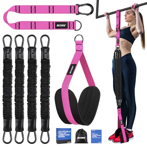 Pull Up Assistance Bands 260lbs, Heavy Pull Up Bands Resistance Bands for Pull Ups Working Out with Feet Rest, Pull Up Bar Bands Assistance Bands Strength Training Workout Equipment, Height Adjustable - color: Rose Red
