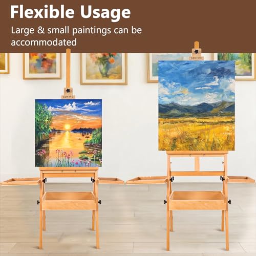 Wooden H-Frame Studio Easel with Storage Drawer and Palettes,Natural | Solid Beechwood Painting Easel for Students, Beginners, and Artists, Hold Canvas to 36Inches High - style: Side Trays Natural