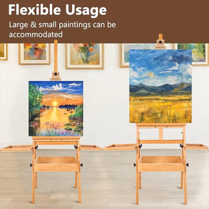Wooden H-Frame Studio Easel with Storage Drawer and Palettes,Natural | Solid Beechwood Painting Easel for Students, Beginners, and Artists, Hold Canvas to 36Inches High - style: Side Trays Natural