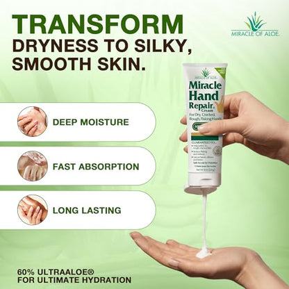 Miracle Hand Repair Cream For Dry Cracked Hands, 8 Oz, 60% Aloe Vera | Non Greasy Hand Moisturizer, Fast Absorbing Lotion For Extremely Dry Skin, Working Hands, Men & Women, Elbows & Knees Care - size: 8 Ounce (Pack of 1)