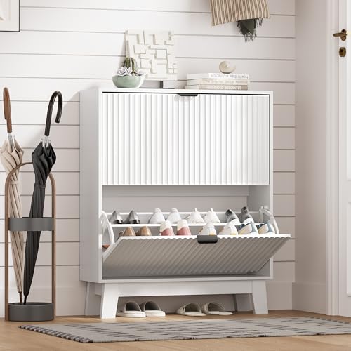 HUANLEGO Shoe Cabinet Storage for Entryway with 2 Flip Drawers, Fluted Narrow Shoe Organizer with Wooden Legs, Freestanding Slim Shoe Storage Hidden Shoe Rack Organizer for Front Door Entrance, White - color: White, size: 2 Drawer