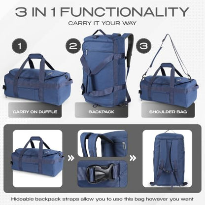 3-in-1 Duffle Bag Backpack with Shoe & Laptop Pocket, Cup Holder, Ventilated Gym & Travel Bag (Navy Blue) - color: Navy Blue