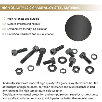 382 Pieces Black M4 x 5/6 /8/10 /12/16 /20mm Hex Socket Head Cap Screws Nuts Washers Assortment Kit, 12.9 Grade Alloy Steel - size: M4, style: Socket Head