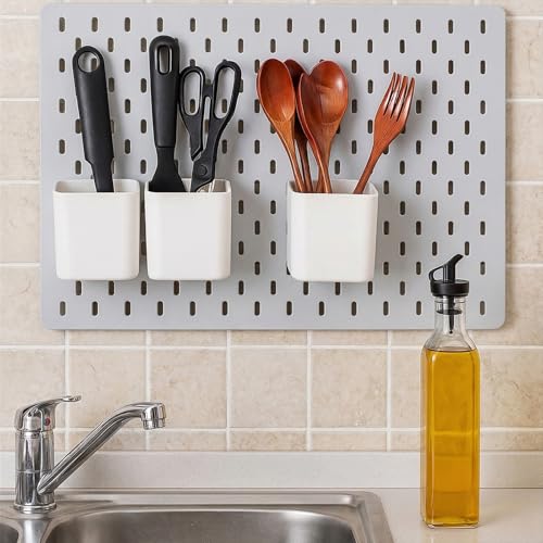 4Pcs Pegboard Cups with Hooks, 2.9 x 3.5 x 3.2 Inch Skadis Pegboard Accessories Pegboard Bins Accessories Top Storage Containers Peg Board Organizer Cups for Garage Wall Kitchen Office Workbench Home