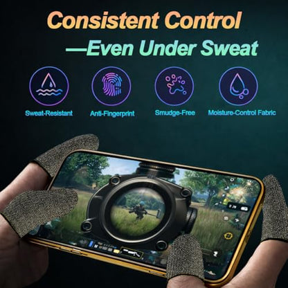 Bluradio 6 Pack Gaming Finger Sleeves for Mobile Gaming | 0.15mm Ultra-Thin, Anti-Sweat Nanofiber, Touchscreen Thumb Sleeves, For PUBG, COD Mobile, Free Fire - color: Black-Gold