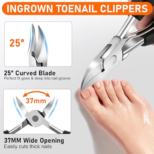 Toe Nail Clippers for Men, Toenail Clippers for Thick Nails for Seniors, German Sharp Stainless Steel Fingernail Clipper with Catcher, Heavy Duty Ingrown Nail Cutter Long Handle with Wide Jaw -Black