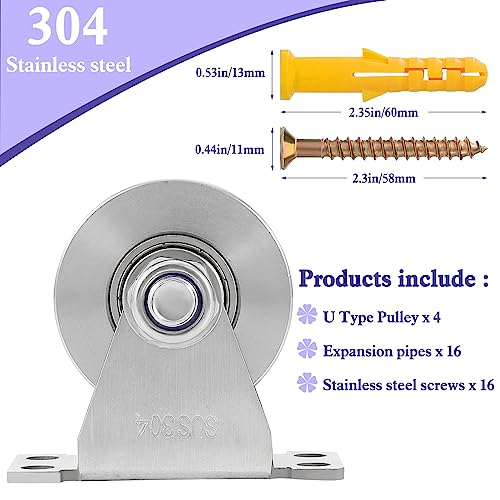 U Type Wheel Pulley Stainless Steel Pulley Block,Wall-Mounted Ceiling Lifting Pulley Block,Sliding Gate Hardware,Removable Double Bearing,Each Bearing Capacity 800 lbs(4 Pack) - size: 4 Pack U Type