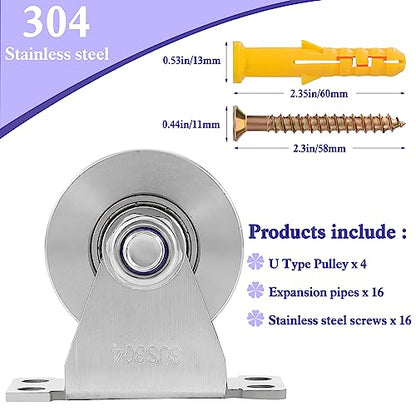 U Type Wheel Pulley Stainless Steel Pulley Block,Wall-Mounted Ceiling Lifting Pulley Block,Sliding Gate Hardware,Removable Double Bearing,Each Bearing Capacity 800 lbs(4 Pack) - size: 4 Pack U Type