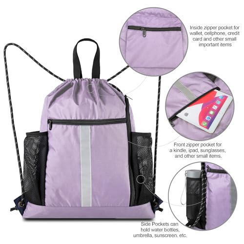 BeeGreen Lilac Drawstring Backpack Bag Gym Sports Backpack with Shoe Compartment and Two Water Bottle Holder for Women Men Large String Athletic Sackpack Workbag - color: Lilac, style: Drawstring With Shoe Compartment