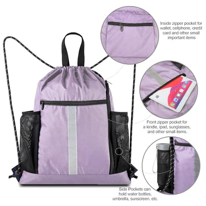 BeeGreen Lilac Drawstring Backpack Bag Gym Sports Backpack with Shoe Compartment and Two Water Bottle Holder for Women Men Large String Athletic Sackpack Workbag - color: Lilac, style: Drawstring With Shoe Compartment