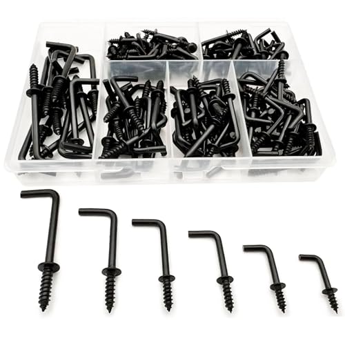 150 PCS 7 Shaped Right Angle Screw Hooks Sets,Black 6 Sizes Screw in L Shaped Hooks for Hanging Lamp,Plants,Decorations,kitchenware and DIY Crafts,(1/2",5/8",3/4",7/8",1",1-1/4") - size: 6sizes 150pcs