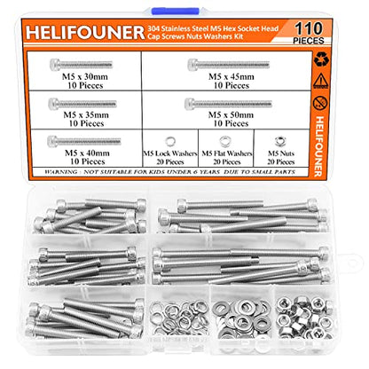 HELIFOUNER 110 Pieces M5 x 30mm /35mm /40mm /45mm /50mm, Hex Socket Head Cap Metric Screws Bolts Washers Nuts Kit, 304 Stainless Steel - size: M5 x 30/35/40/45/50mm