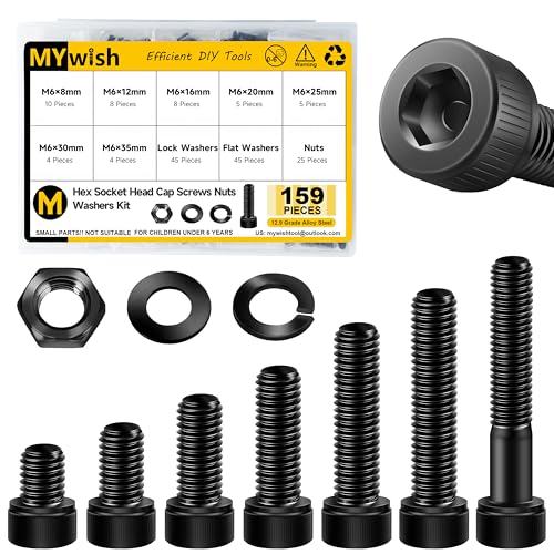 Mywish 159 Pieces M6 Screw Metric Screw Assortment Kit, Grade 12.9 Alloy Steel Hex Socket Head Cap Metric Screws, Spring Lock & Flat Washers/Nuts/Hex Wrenches M6*8/12/16/20/25/30/35mm - color: Black, size: 159Pcs M6