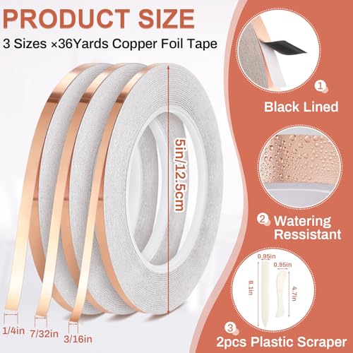 Innconee 5 Pcs Black Backed Copper Foil Stained Glass Black Lined Foil Copper 3 Sizes for Stained Glass Set Hand Foiler Supplies Craft Art Tools(3/16, 7/32, 1/4in X 108ft) - size: 3/16, 7/32, 1/4in X 108ft
