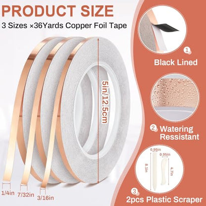 Innconee 5 Pcs Black Backed Copper Foil Stained Glass Black Lined Foil Copper 3 Sizes for Stained Glass Set Hand Foiler Supplies Craft Art Tools(3/16, 7/32, 1/4in X 108ft) - size: 3/16, 7/32, 1/4in X 108ft