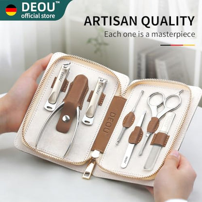 DEOU Premium Manicure Set 8 in 1, 420J2 Stainless Steel Pedicure Kit with Luxury Leather Case, Professional Grooming Tools for Travel & Home, (Brown) - color: Brown